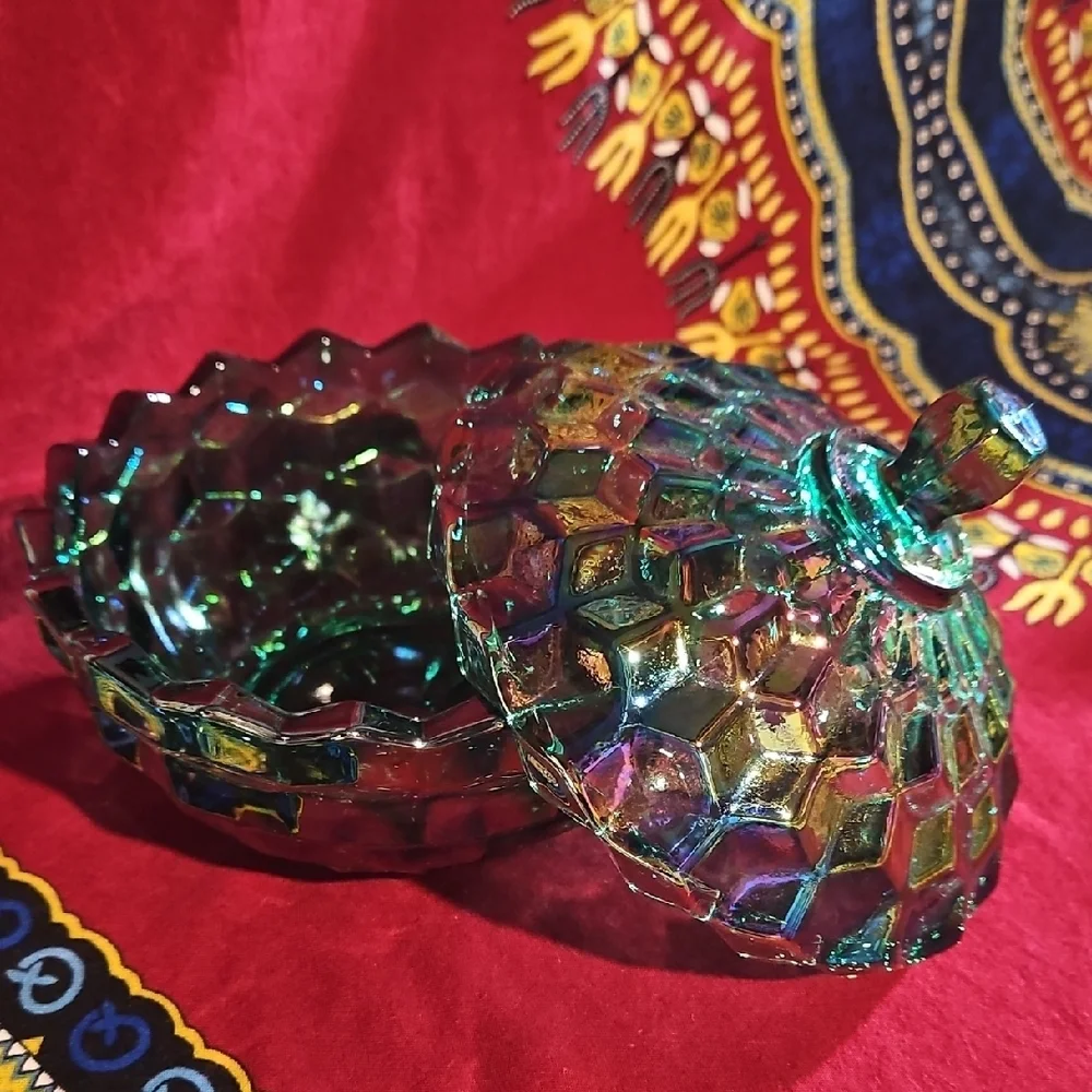 Indiana Glass Whitehall American Peacock Iridescent Carnival Cubist Covered Dish